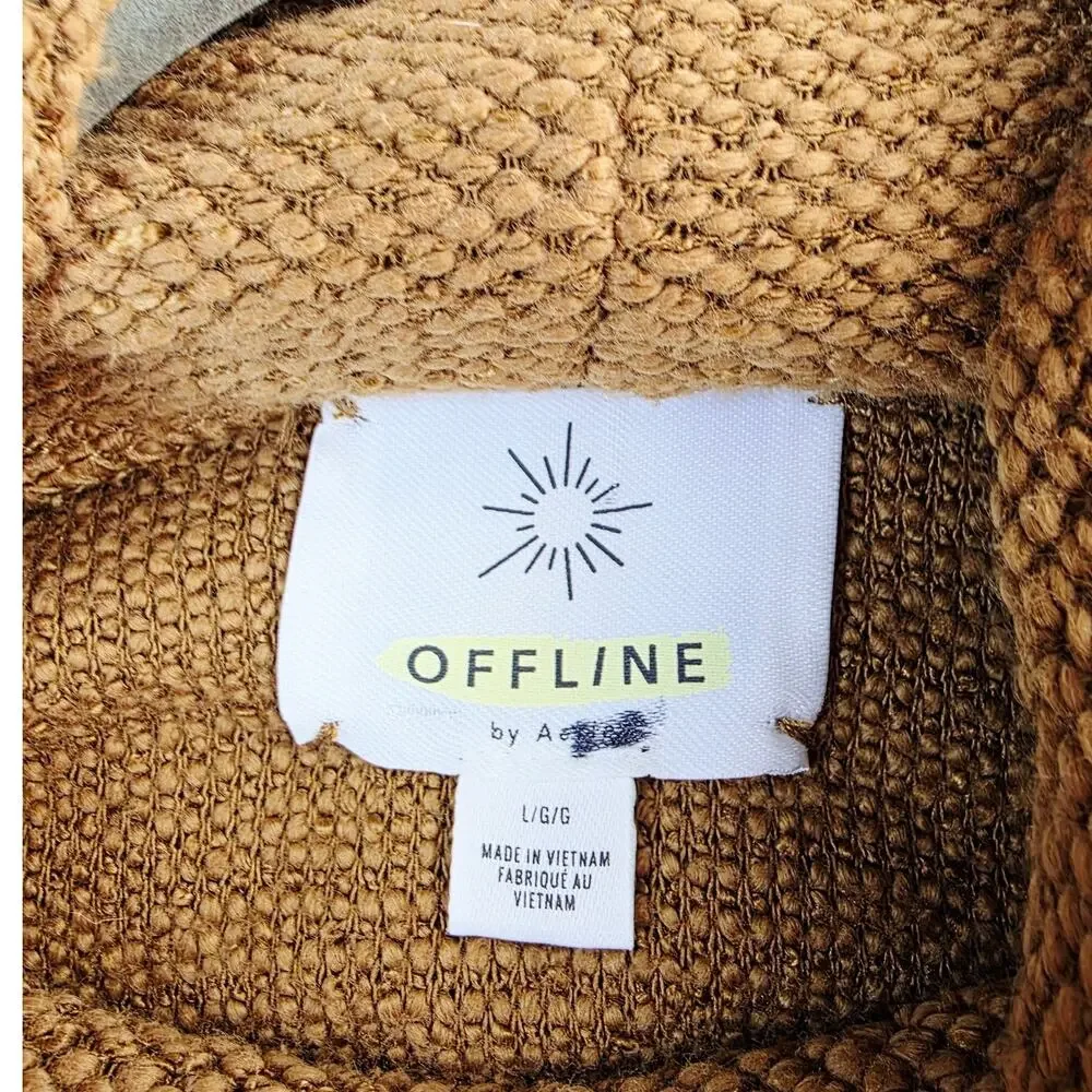Aerie OFFLINE Hoodie Large Brown Textured Knit Thumbhole Pockets Cozy Athleisure